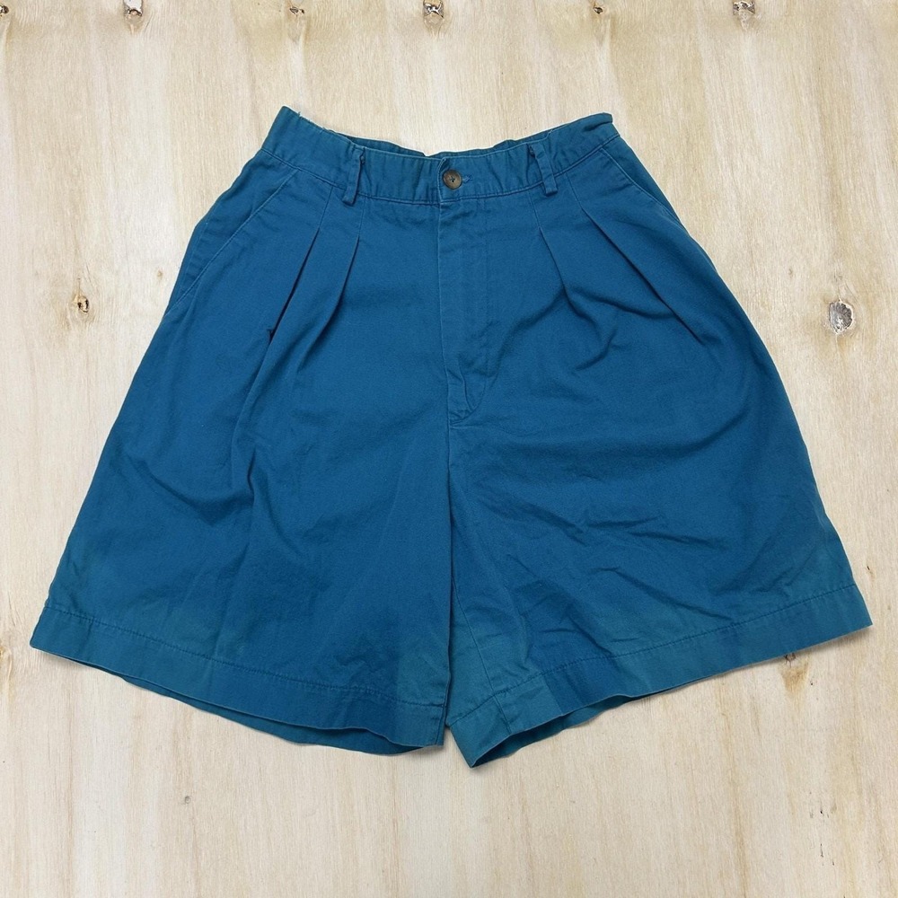 Vintage L.L. Bean Chino Shorts Womens 24" Blue Pleated Made In USA Cotton Casual